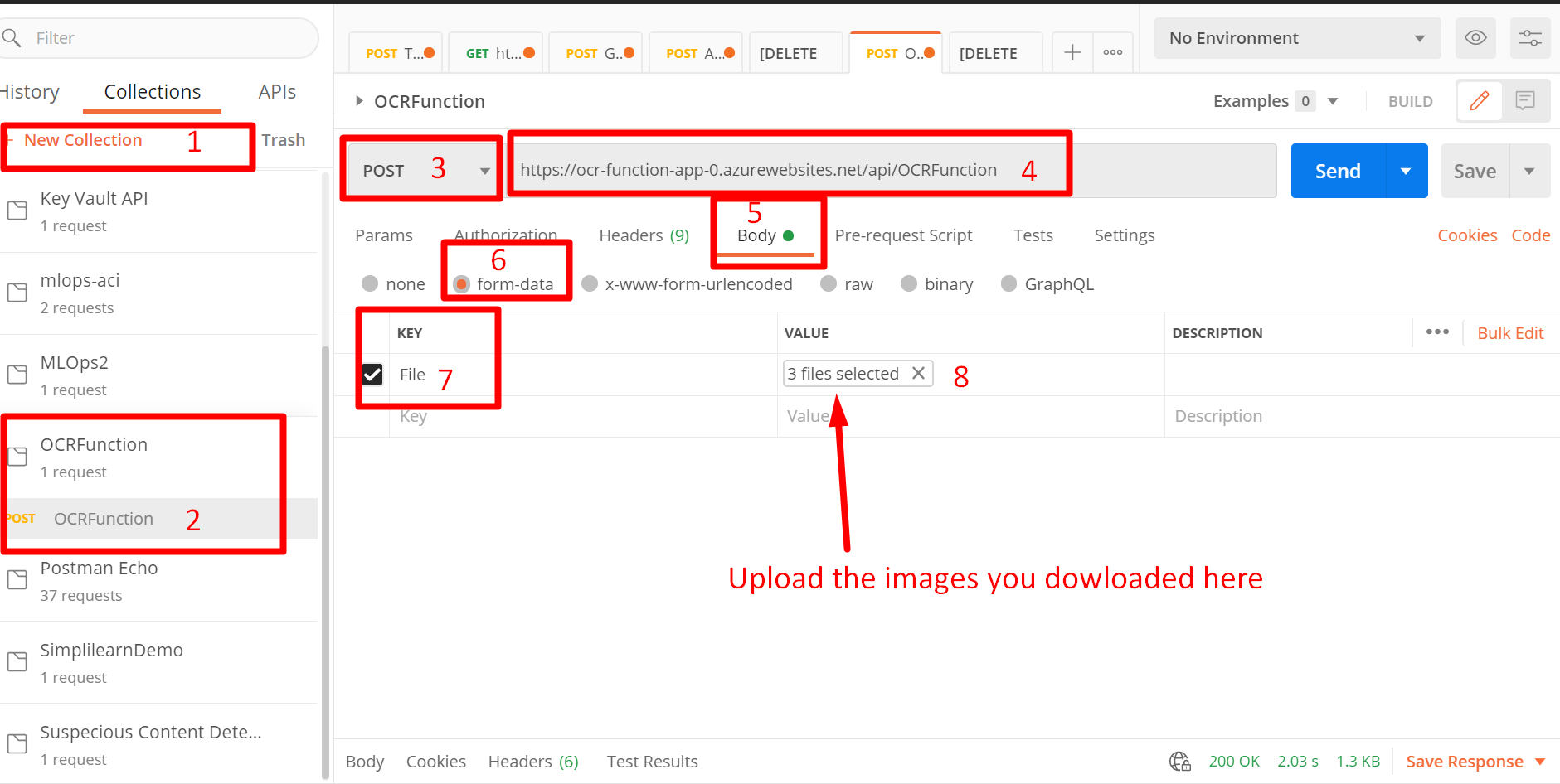 a screenshot of postman with red rectangles around places that correspond with the numbered steps above this image.