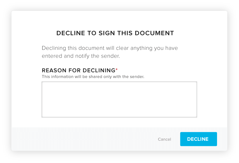 Provide a reason for declining to sign a HelloSign document screenshot
