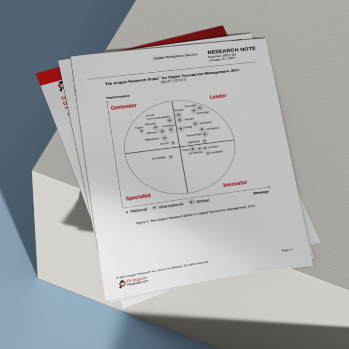 Image of a printed analyst report sittin on a sleek white surface.