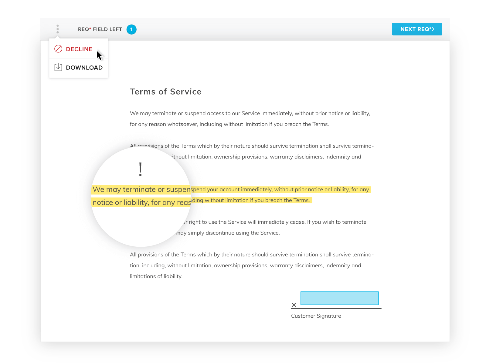 Decline to sign on HelloSign document screenshot