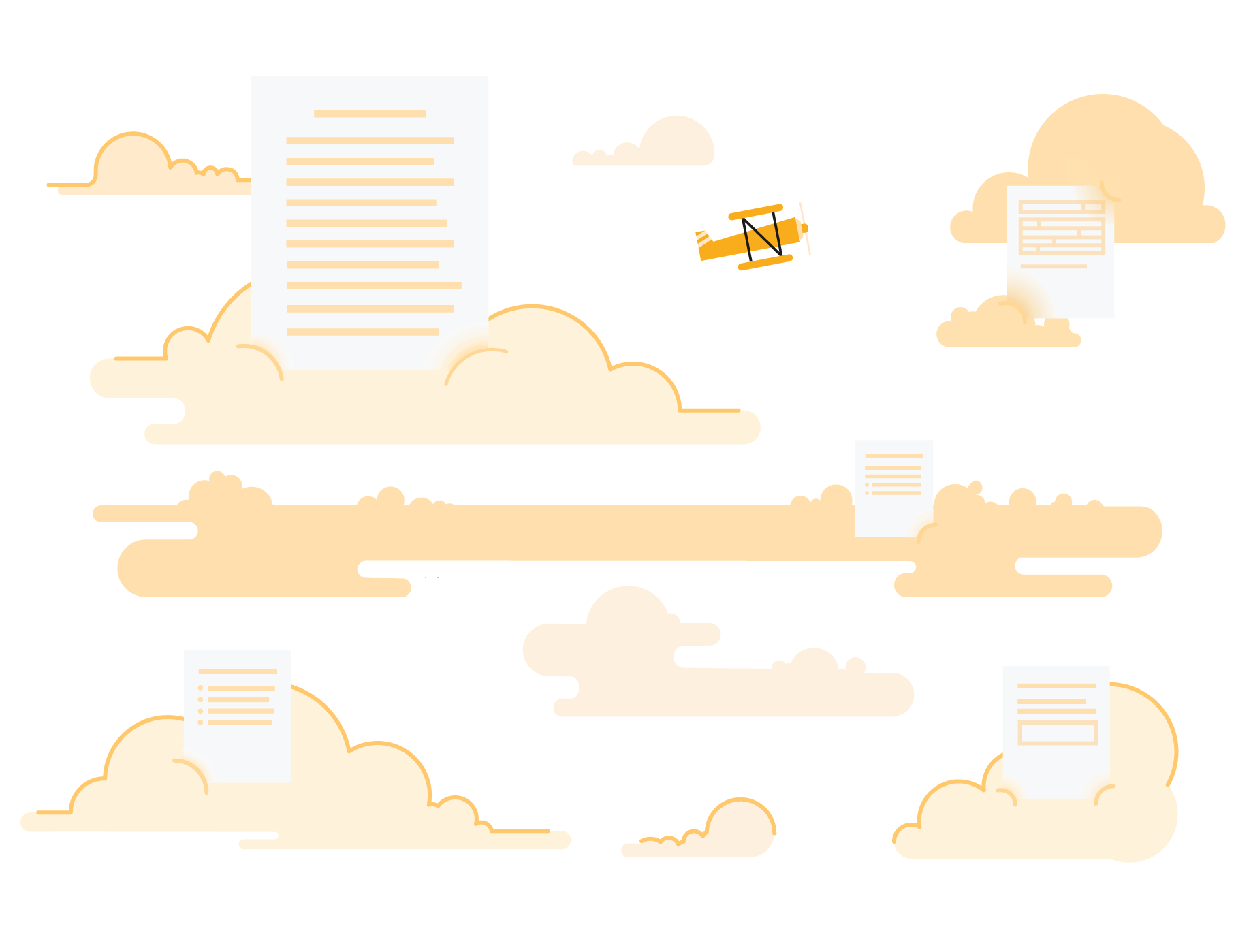 Abbildung von Wolken und Dokumenten, durch die ein Flugzeug fliegt