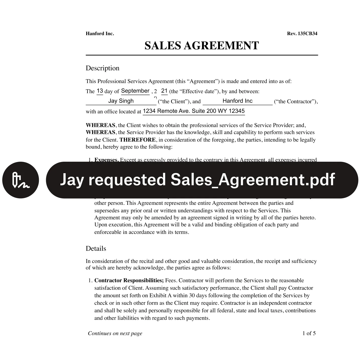 A product visual showing the first page of a sales agreement with a label stating “Jay requested Sales_Agreement.pdf”