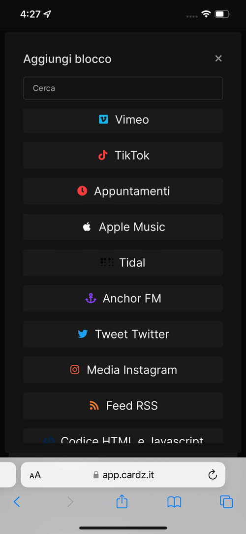 Moduli che puoi aggiungere da solo per creare il tuo biglietto da visita digitale che è un vero sito web integrato nel tuo biglietto nfc e qr di Cardz