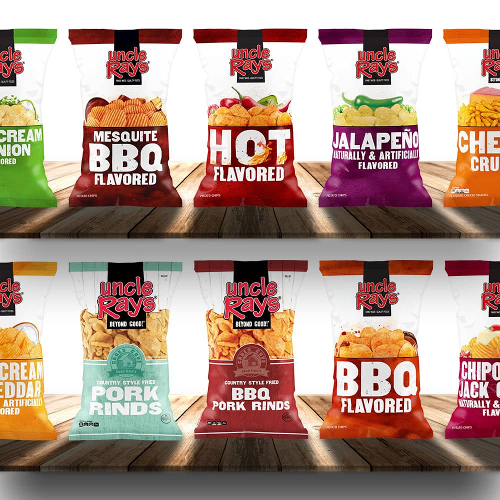 A number of Uncle Ray's Products lined up on shelves