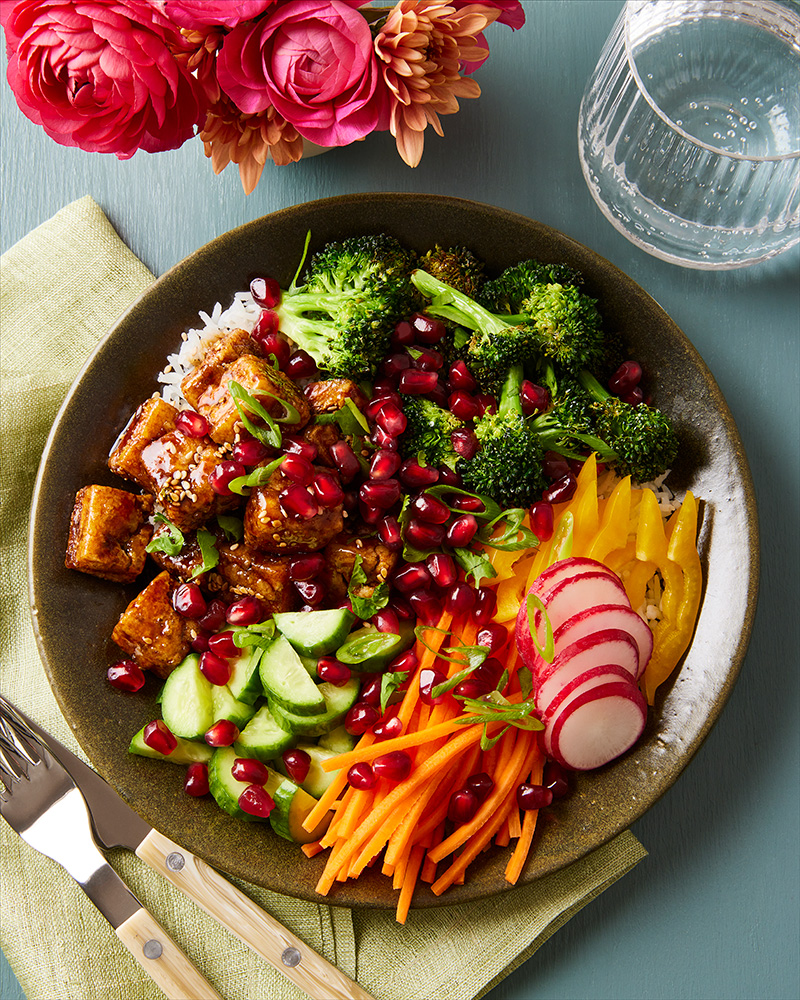 Pomegranate Crispy Tofu Rice Bowl 