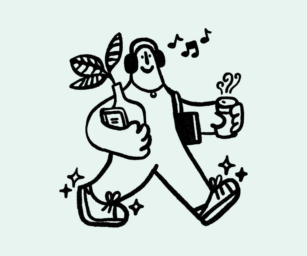 Illustration of person walking while holding plants and listening to music.