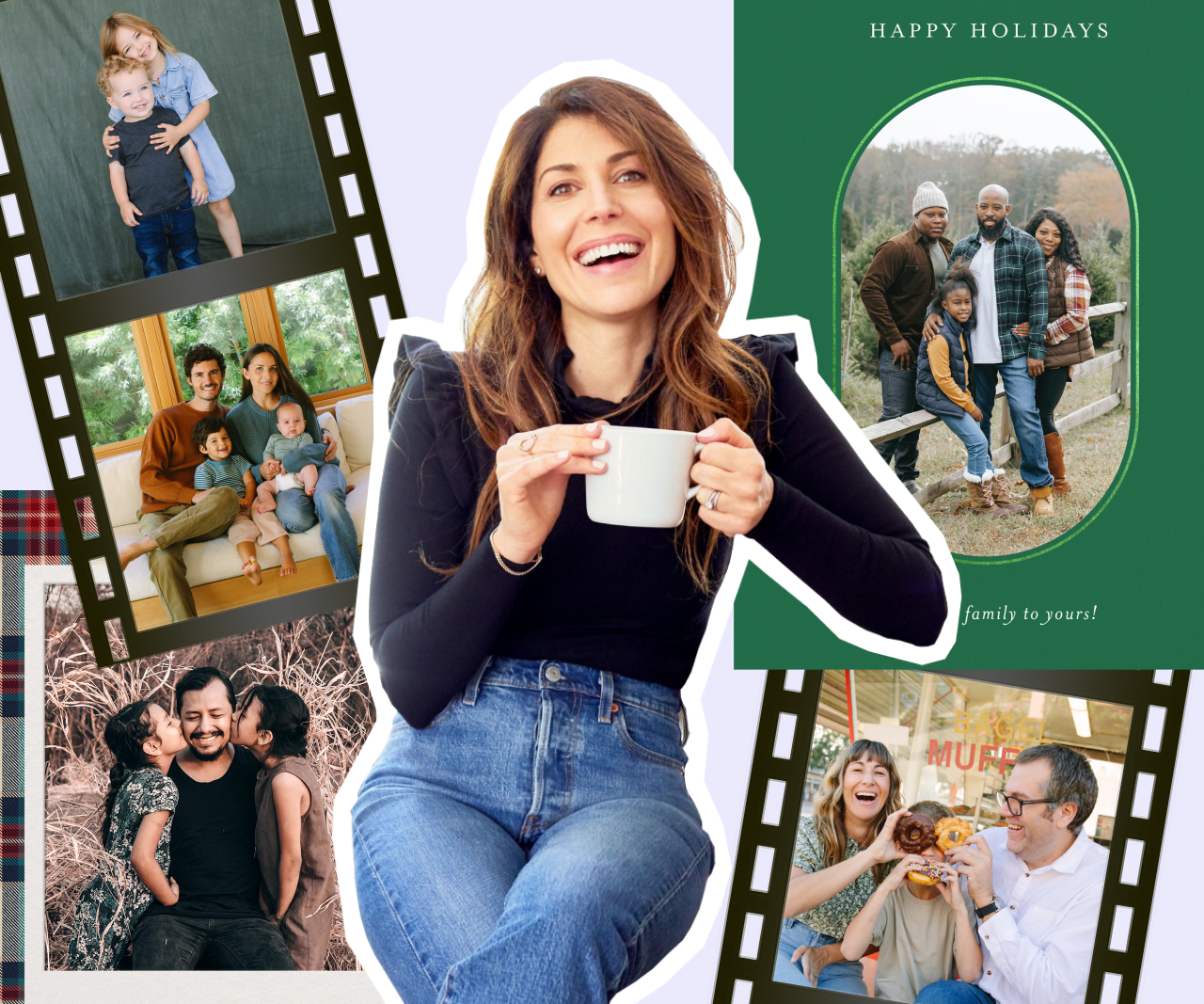 Photo of photographer Morgan Pansing surrounded by holiday family photos.