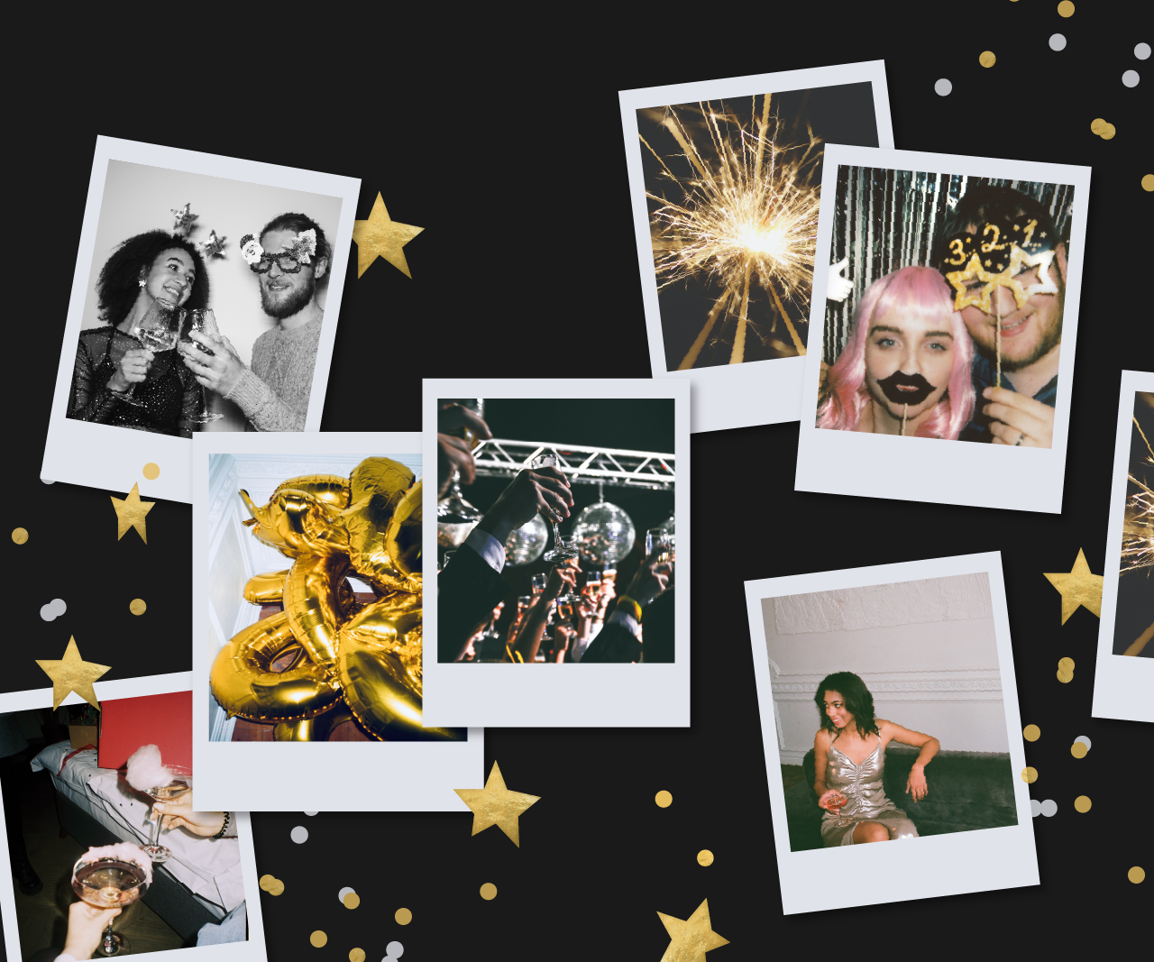 An assortment of images of fireworks, disco balls, drinks and people partying.