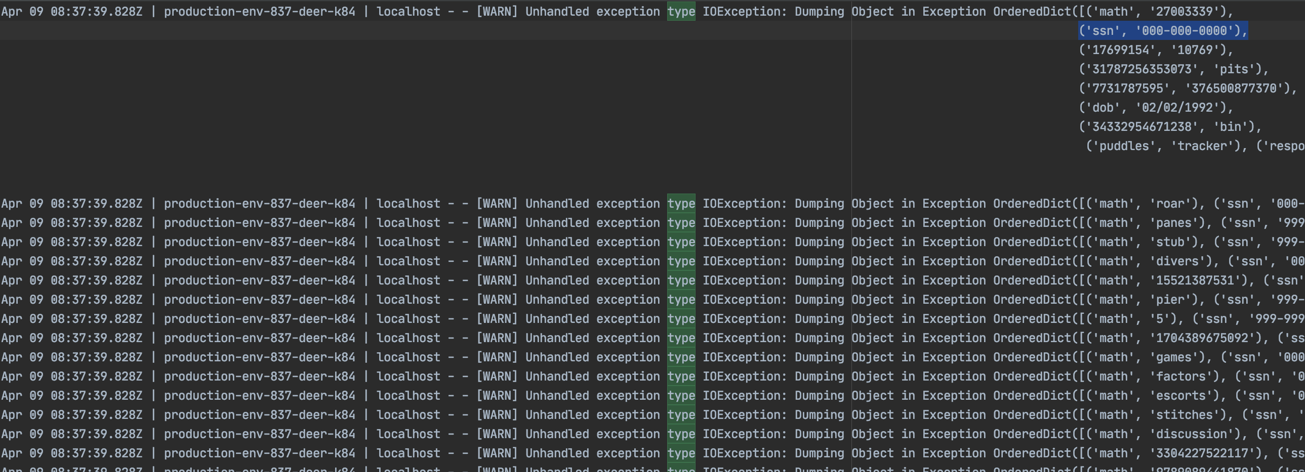 Image: Mockingbird can generate mocked kubernetes log documents, mimicking how sensitive information can be leaked and potentially exposed in data breaches