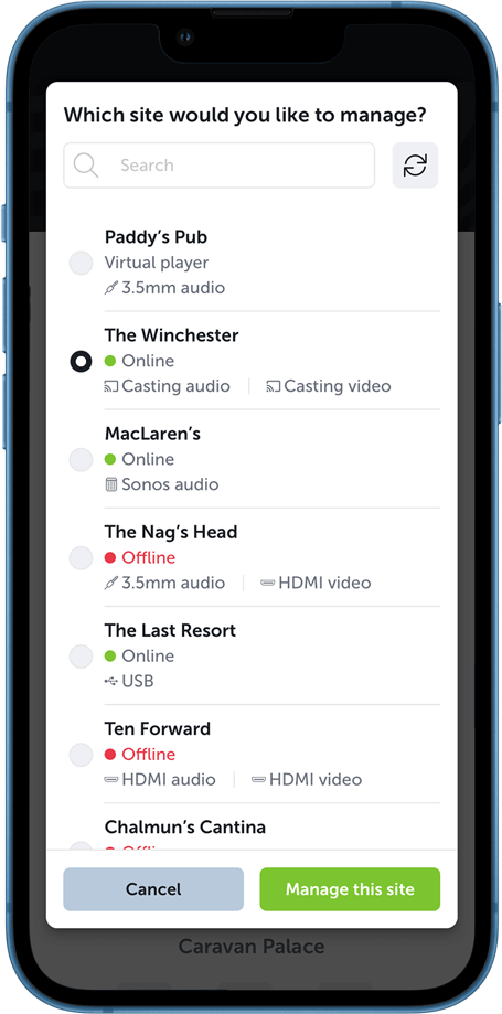 iPhone showing site selection