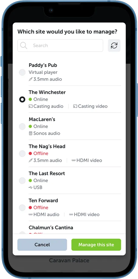 iPhone showing site selection