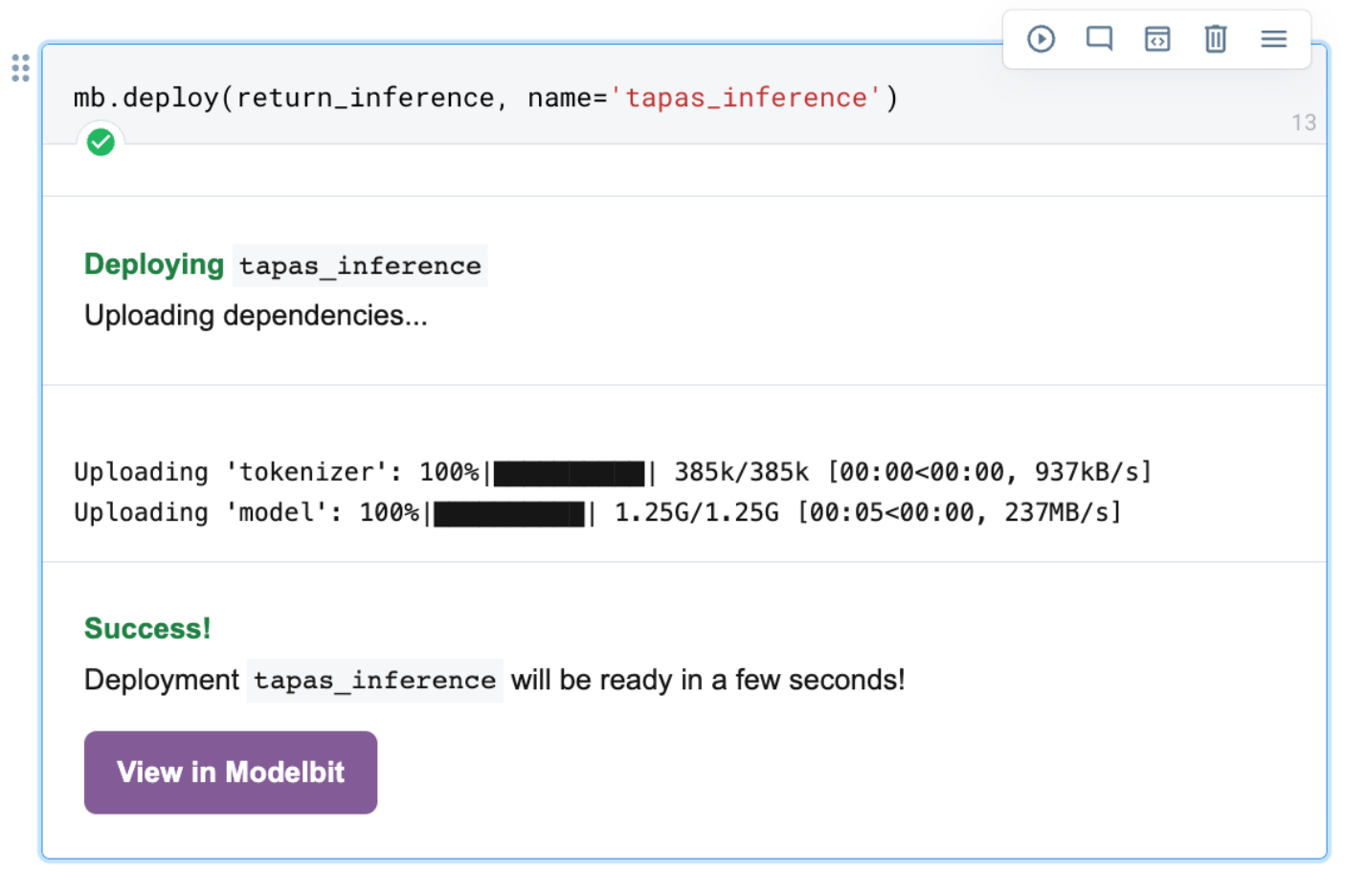 Deploying a TAPAS model to Modelbit in a data science notebook.