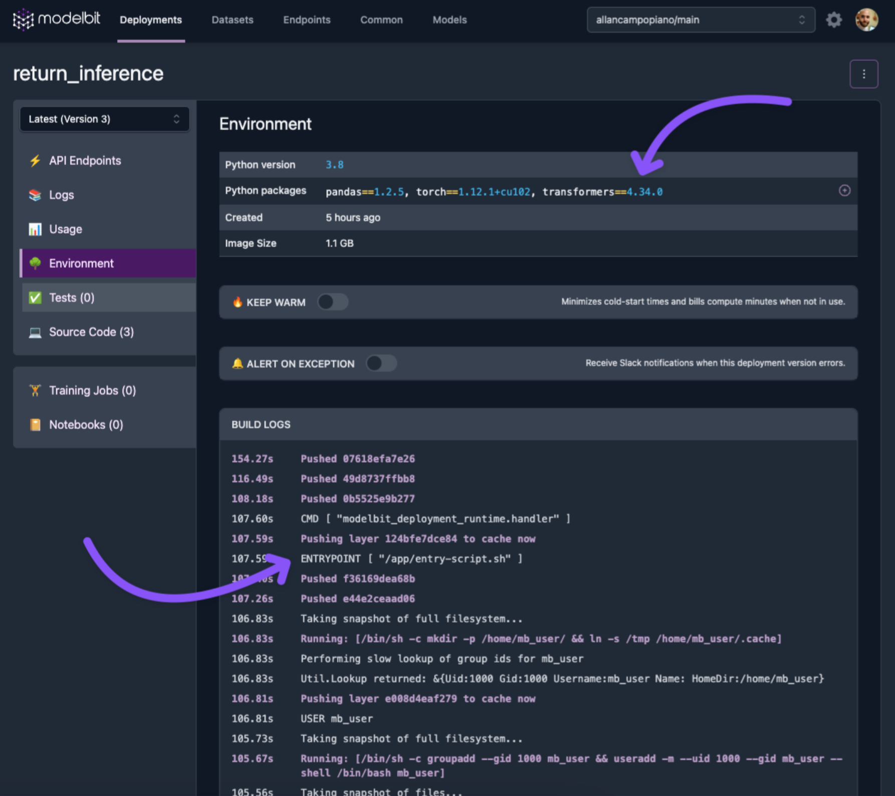 ML model's environment and dependencies captured in Modelbit.