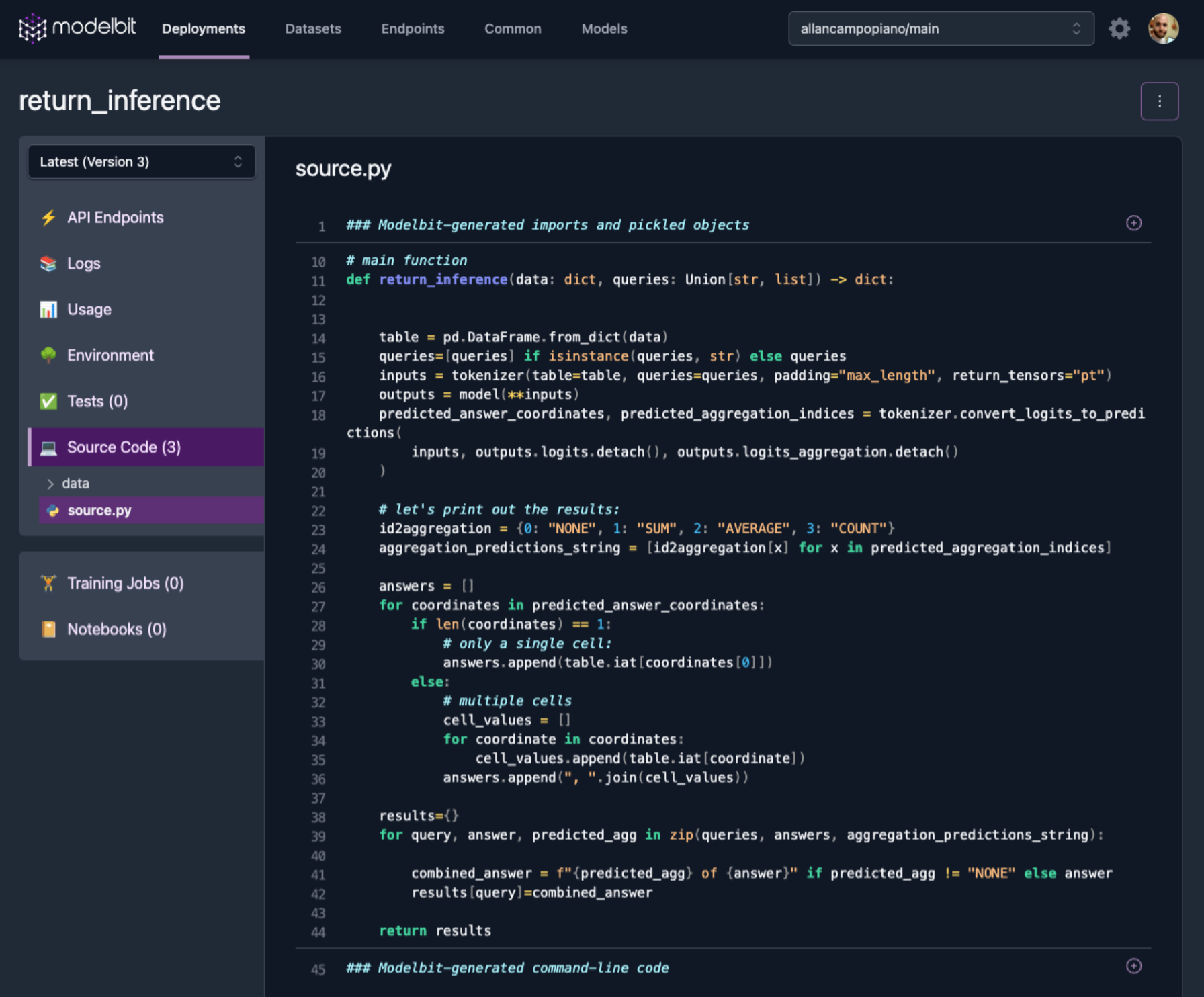 ML mode's source code displayed in Modelbit.