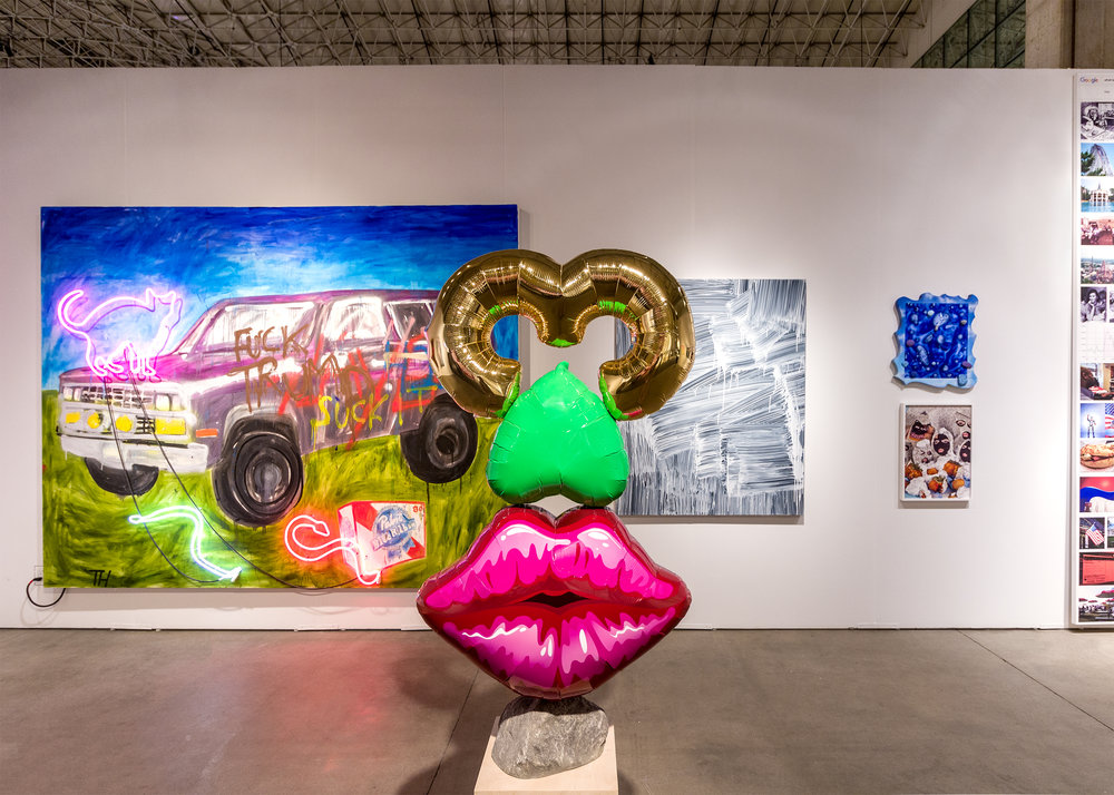 Installation view of Greedy Nero by Adam Parker Smith , 2018, Resin, fiberglass, urethane, steel; wood base. 30h x 30w x 16d inches. Library Street Collective booth at EXPO Chicago, 2018. Image copyright Library Street Collective.