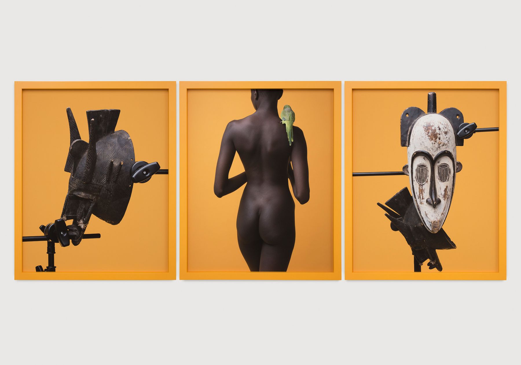 Awol Erizku, “Study of the Body and Two Masks,” photography, 2018. Image courtesy of Night Gallery.