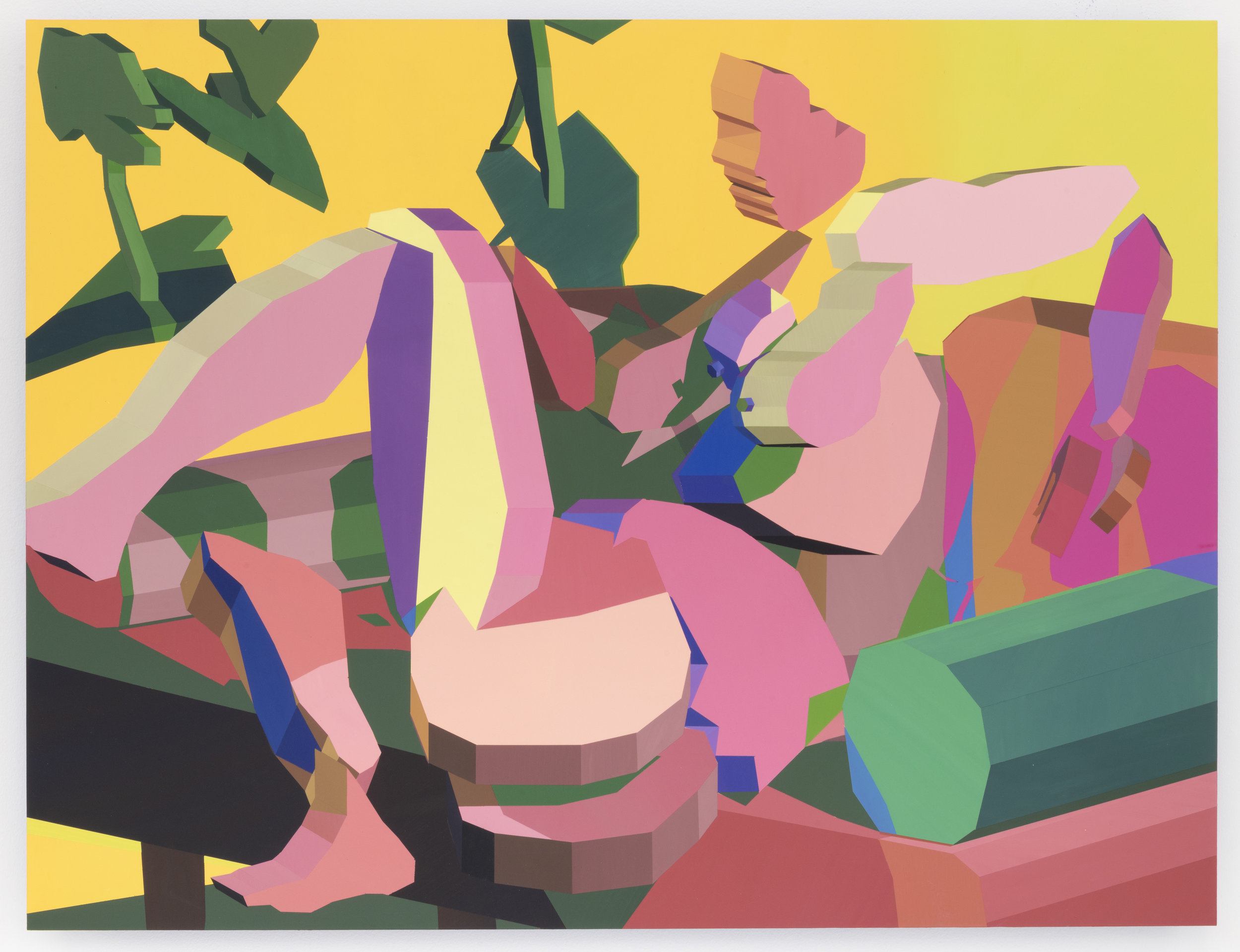 Jonathan Chapline, Virtual Characters, Domestic Landscape III, 2018. Acrylic and flashe on panel. 47 x 60 inches, 119 x 152.5 cm. Courtesy of The Hole, NYC.