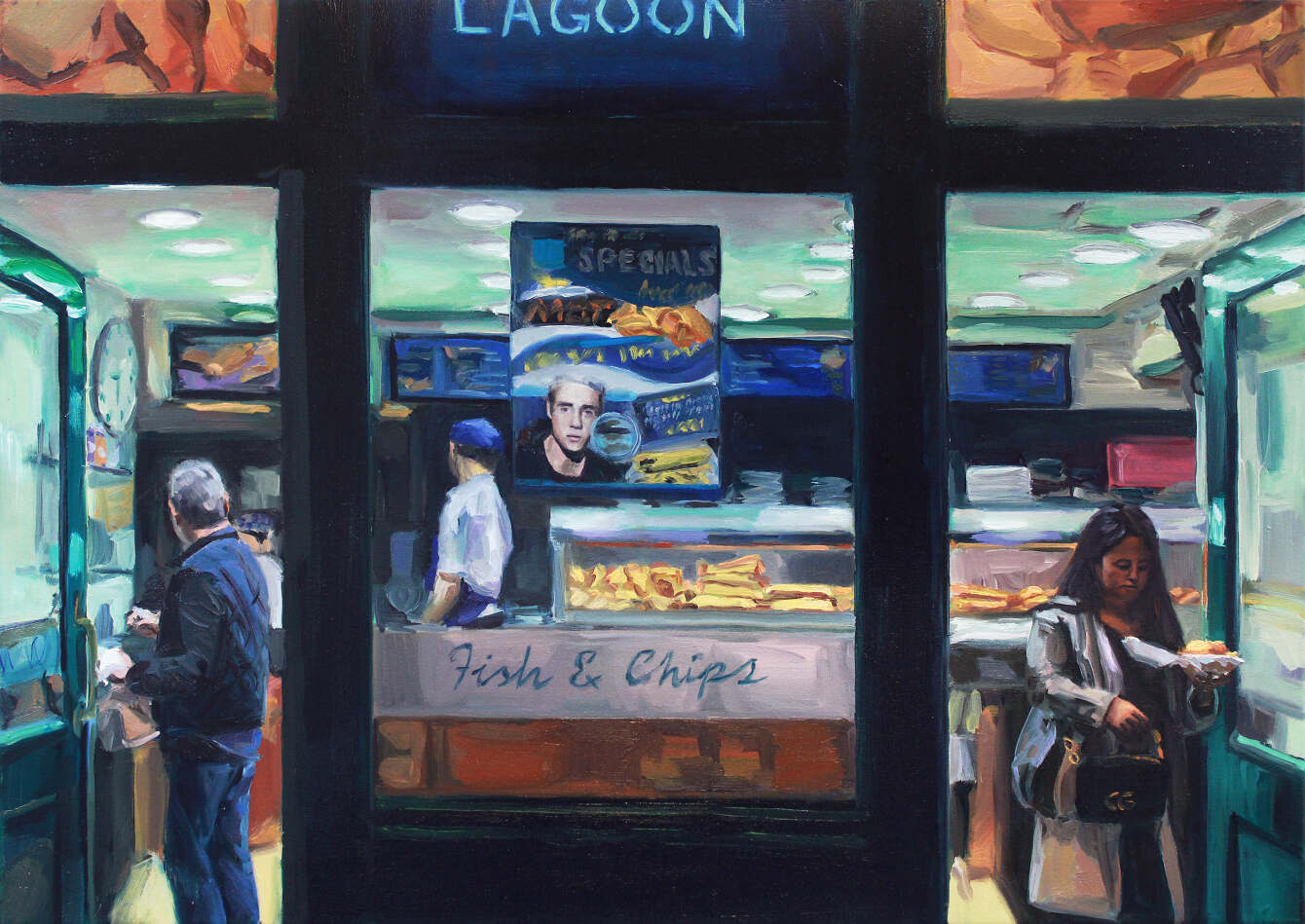 Image Description: A painting by Thomas Cameron of a restaurant selling fish and chips. The sign above the front door reads: "LAGOON".