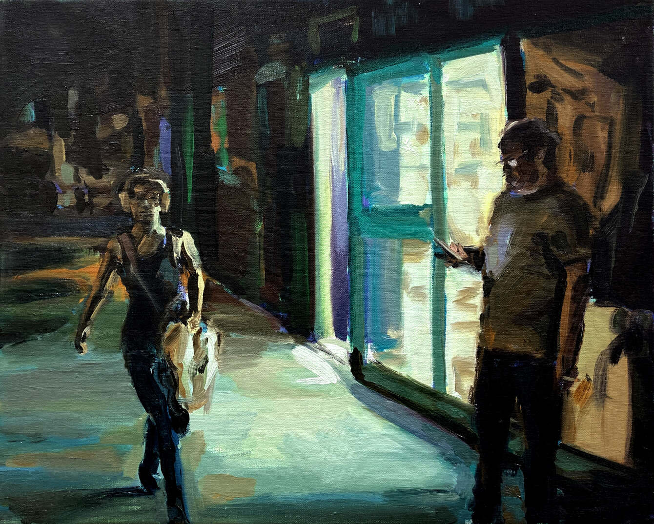 Image Description: A painting by Thomas Cameron of a woman walking down the street at night. A man stands looking at his phone to the right. A nearby window shines green light.