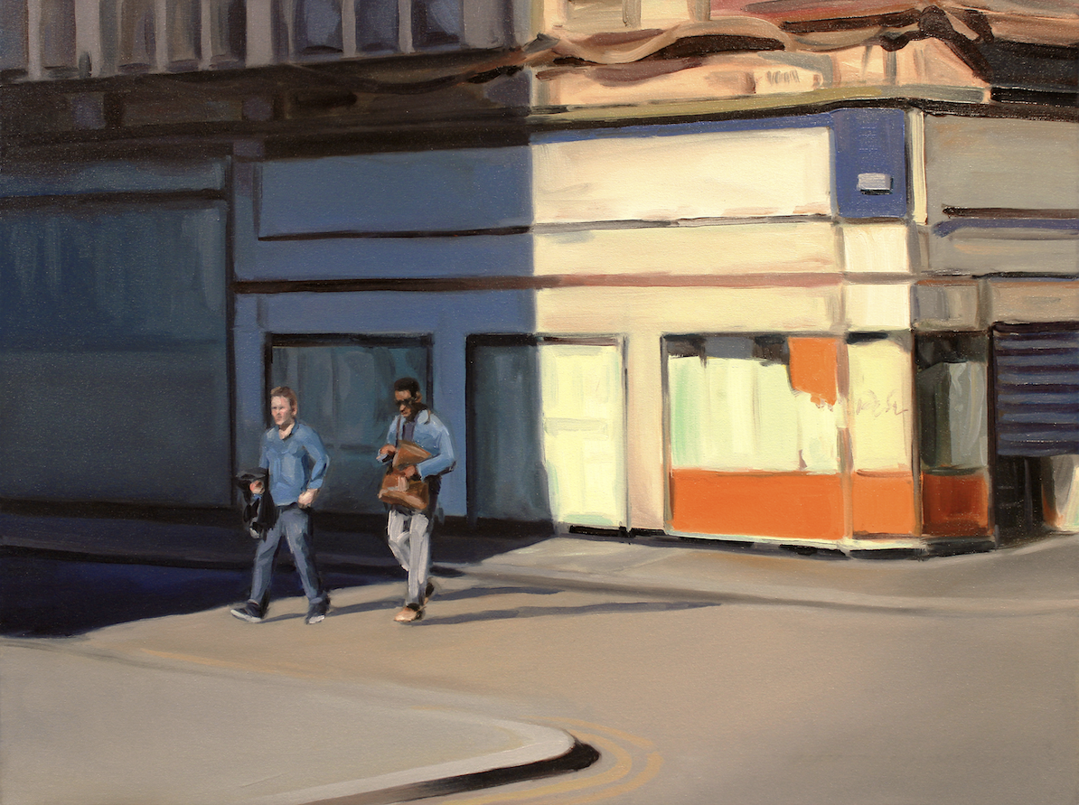 Image Description: A painting by Thomas Cameron of two men walking across the street.