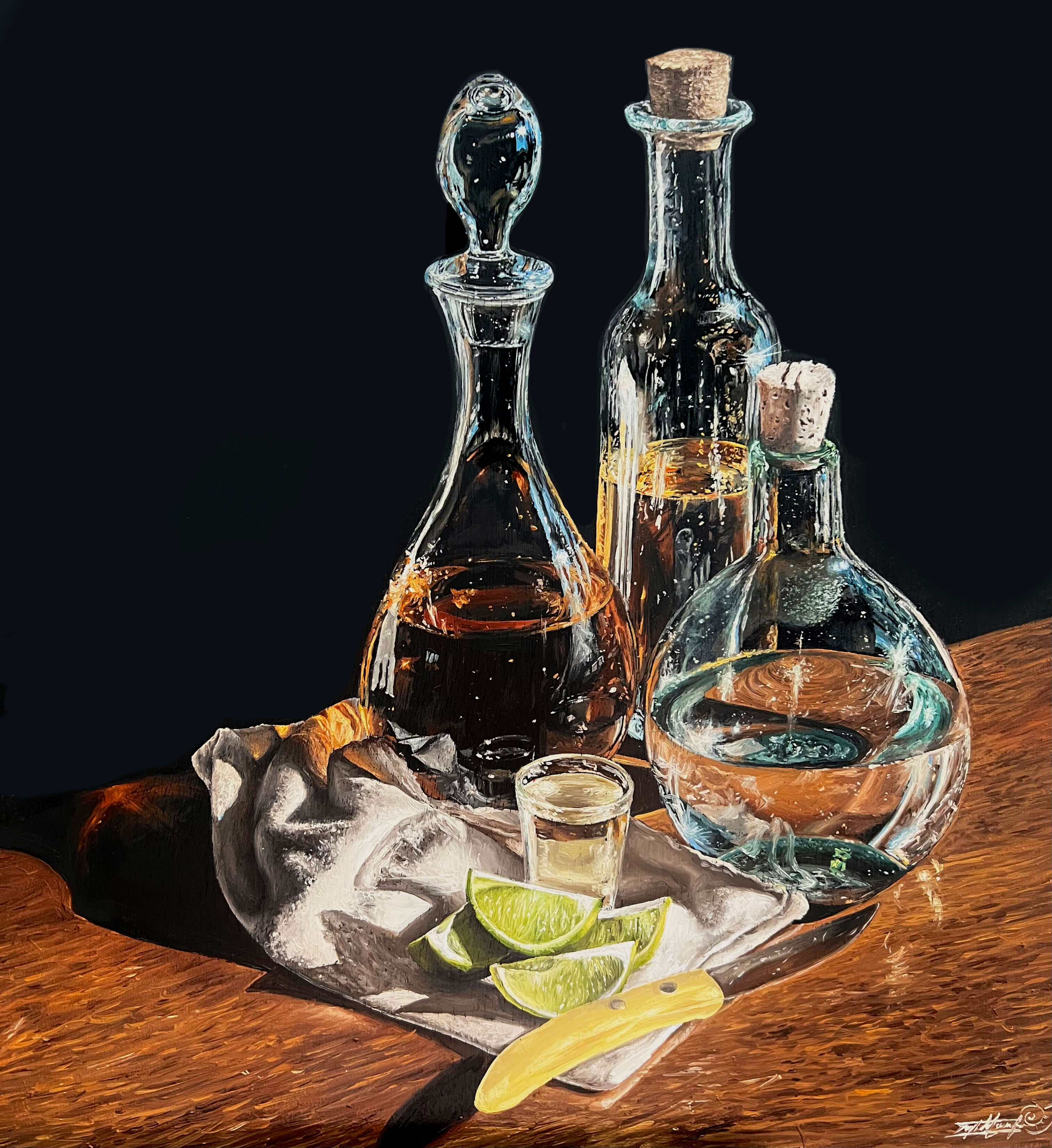 Image description: A painting by Taylor Mouroufas of three glass bottles sitting on a table with lime slices next to it.