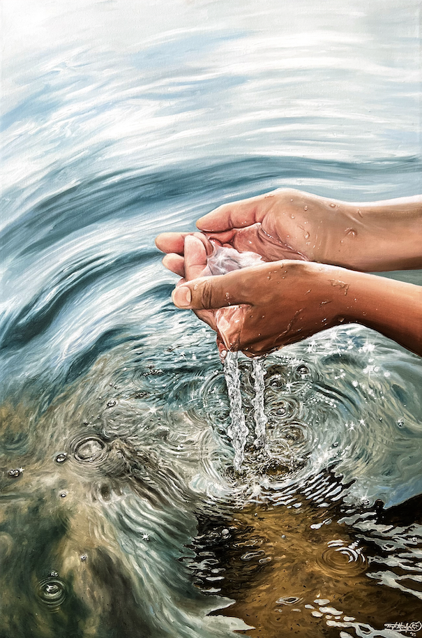 Image description: A painting by Taylor Mouroufas of two hands cupping water from a stream.