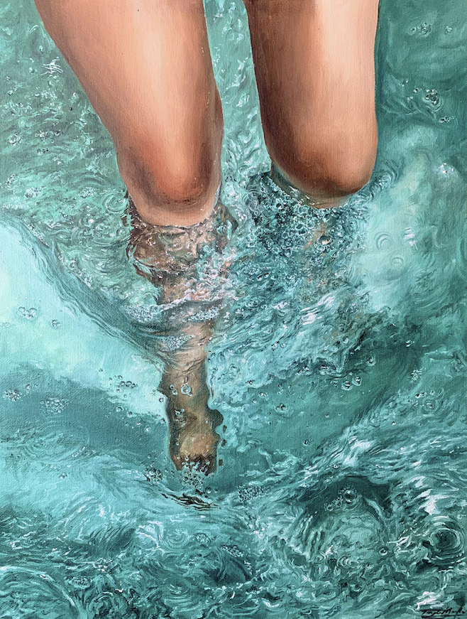 Image description: A painting by Taylor Mouroufas of two legs submerged in teal water.