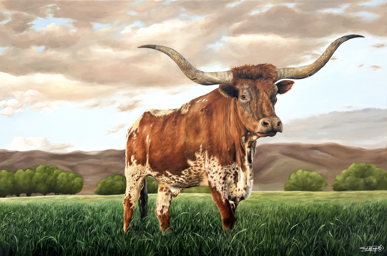 Image description: A painting by Taylor Mouroufas of a bull in the wilderness.