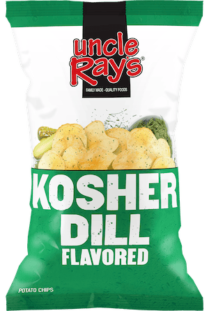 A bag of Kosher Dill Flavored Chips by Uncle Ray's