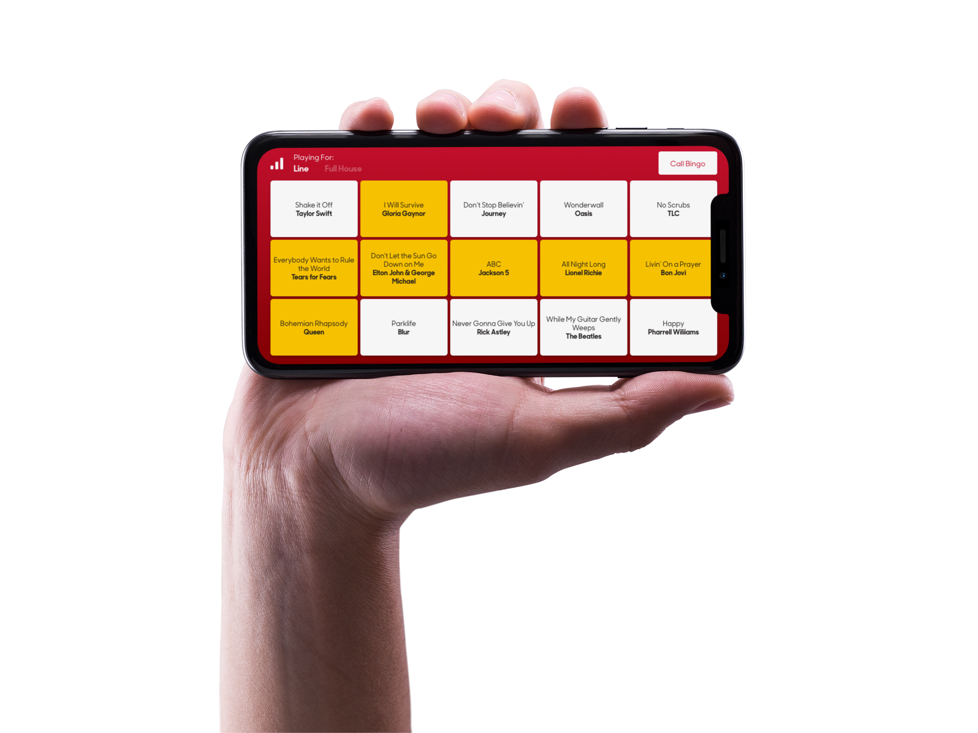 Hand holding phone with Pizza Hut Rock and Roll Bingo game