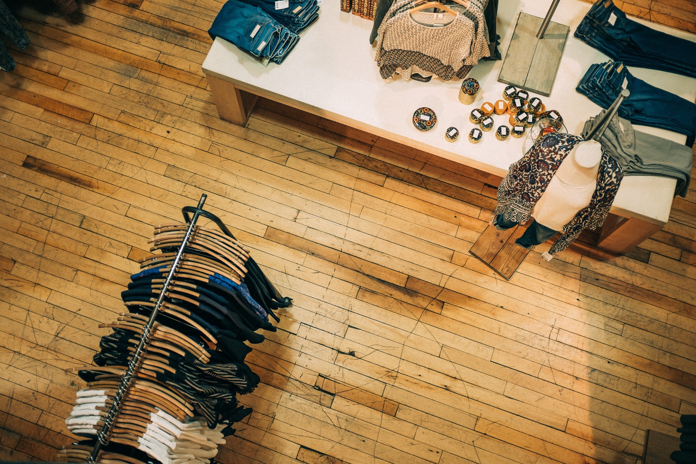 Ariel shot of clothing shop floor