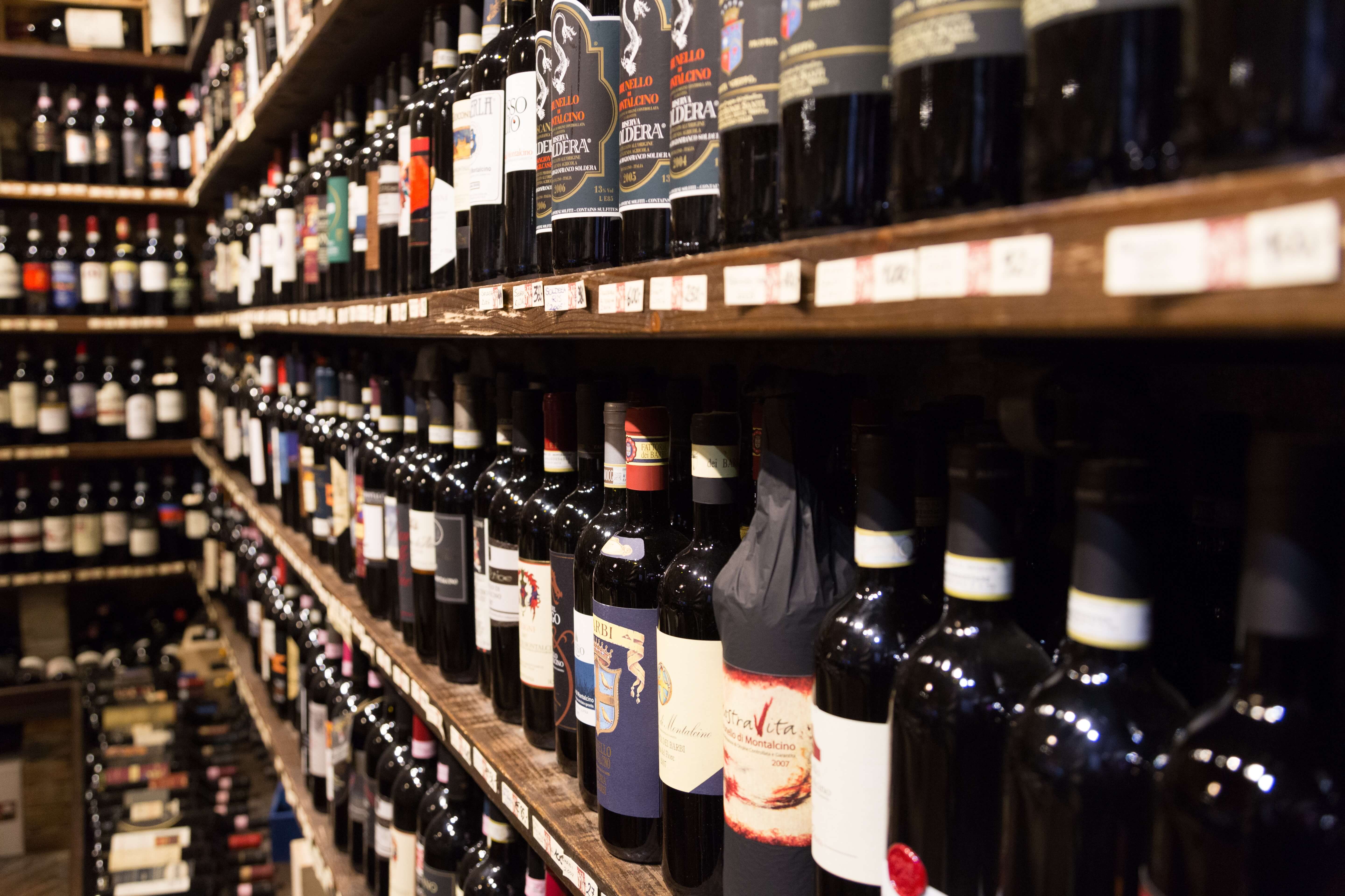 Close up of wine bottles in shop