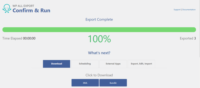 A screenshot showing how to download an export in the export plugin for the Wordpress to Webflow data migration in PowerImporter