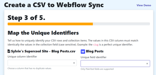 A screenshot of PowerImporter when choosing unique identifiers for the CSV columns