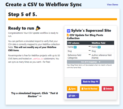 A screenshot of PowerImporter when the CSV to Webflow sync is ready to run