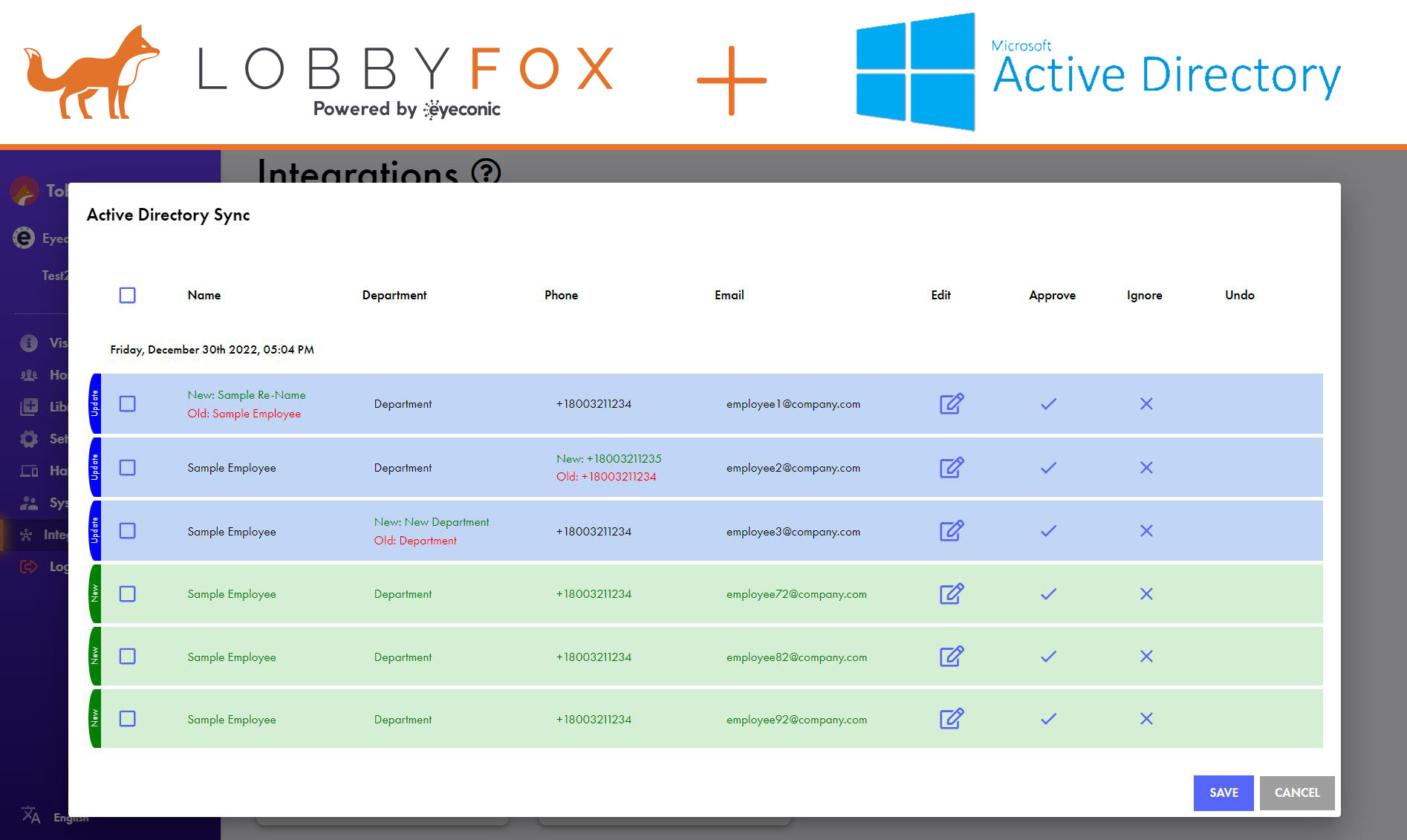 LobbyFox and Microsoft Active Directory promotional image with screenshot attached showing importing employee data.
