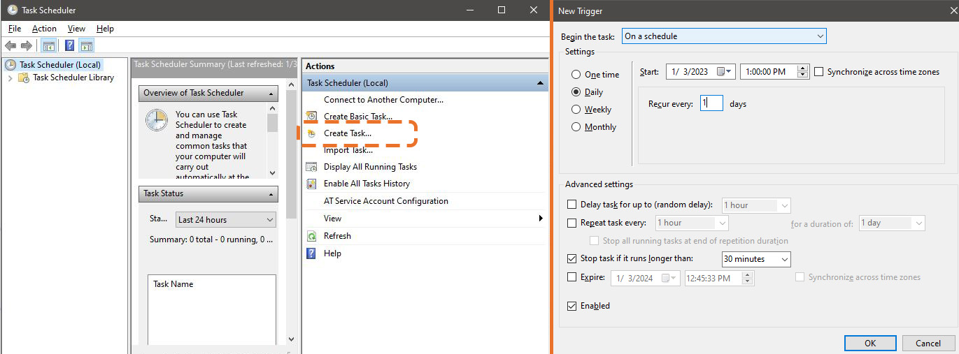 Screenshots showing Task Scheduler and a Trigger to run daily.