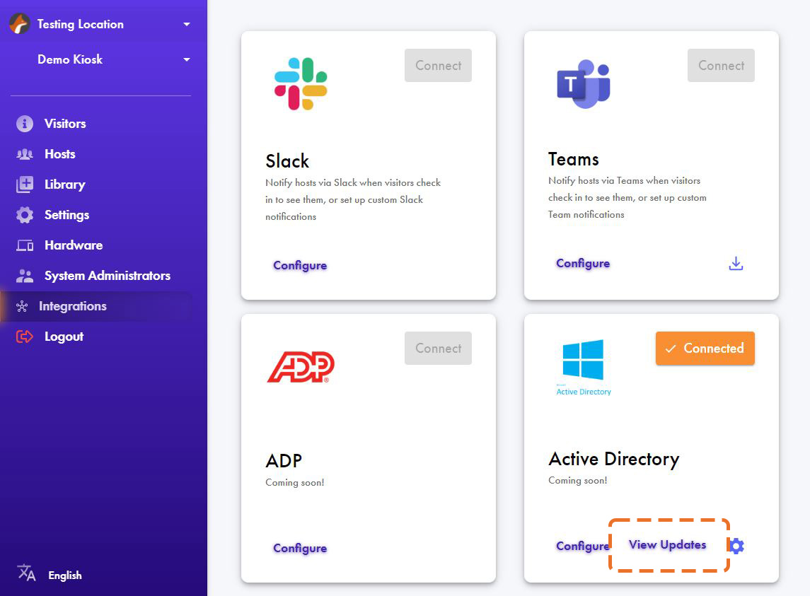 Screenshot showing where to find the View Updates button for Active Directory Integration.