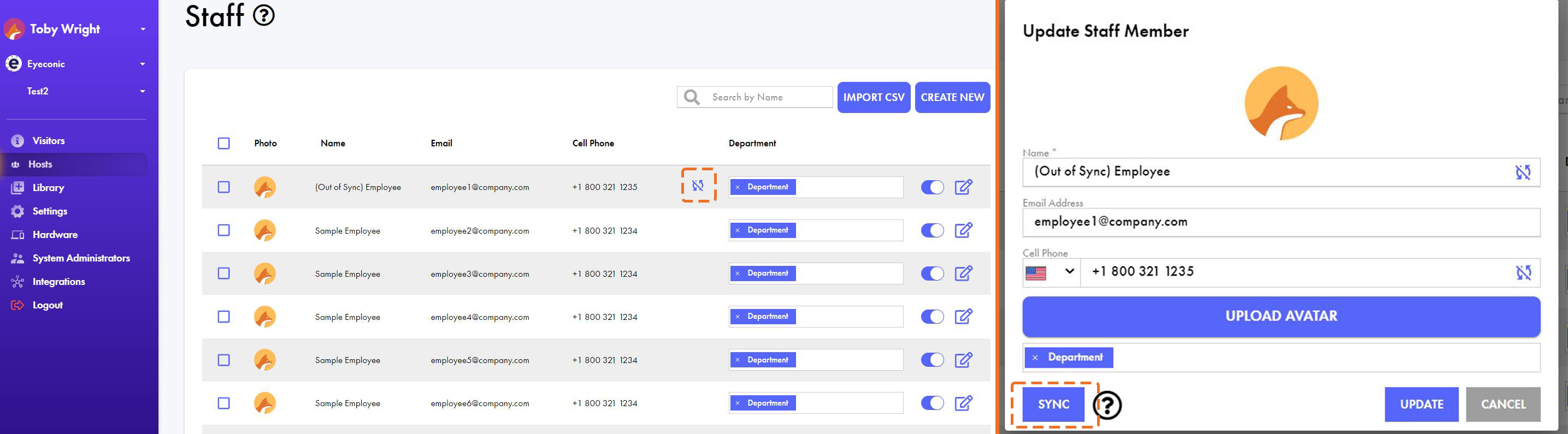 Screenshots showing out of sync icons and how to re-sync a staff member with Active Directory.