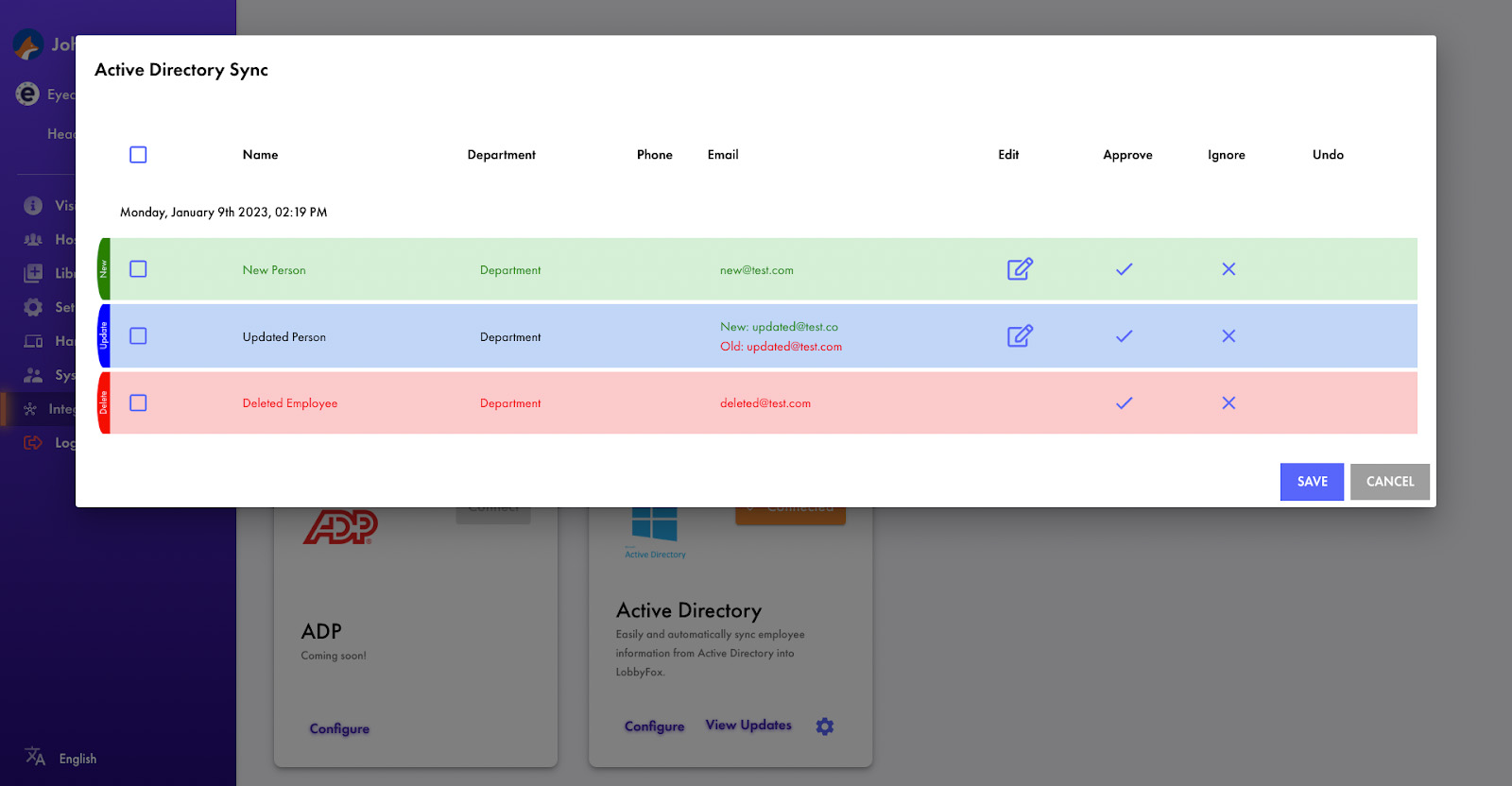 Screenshot showing Active Directory sync review in LobbyFox backend.