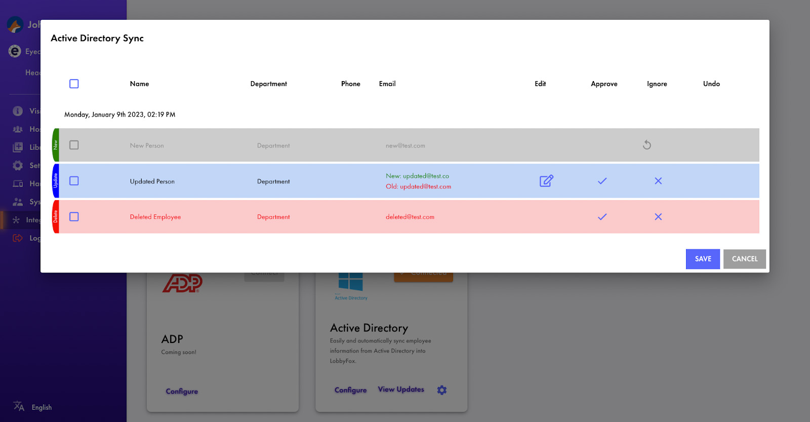 Screenshot of LobbyFox showing Active Directory Approve, Ignore, and Undo buttons.