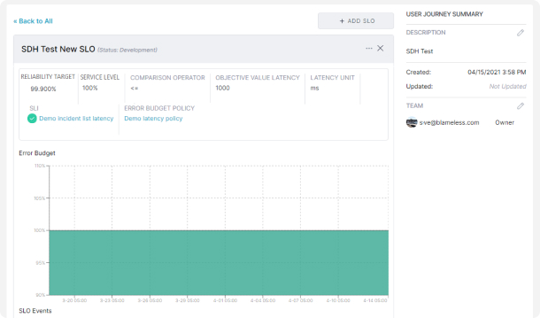 Screenshot from blameless software