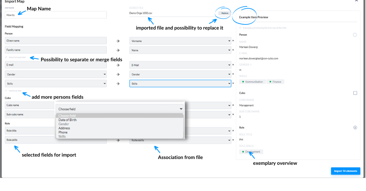 Maske zu Zuordnen der Importfelder