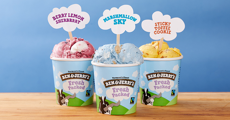 A sampling of new Ben & Jerry’s flavors: Berry Lemon Sherbrrrt, Sticky Toffee Cookie, and Marshmallow Sky.