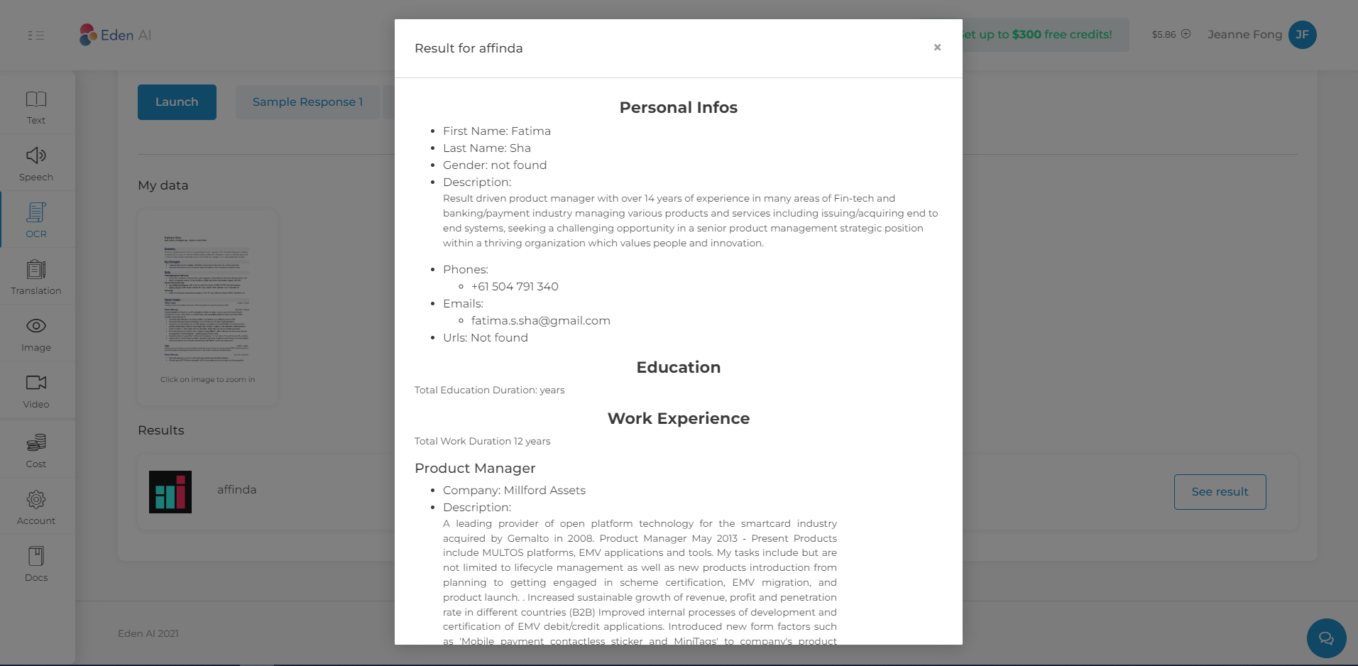 Resume Parser AI on Eden AI platform
