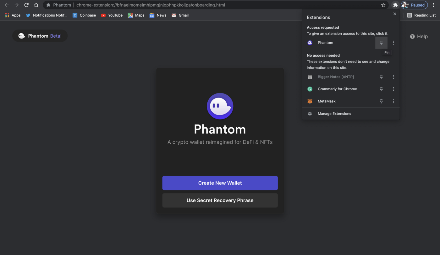 pin phantom extension to your google browser