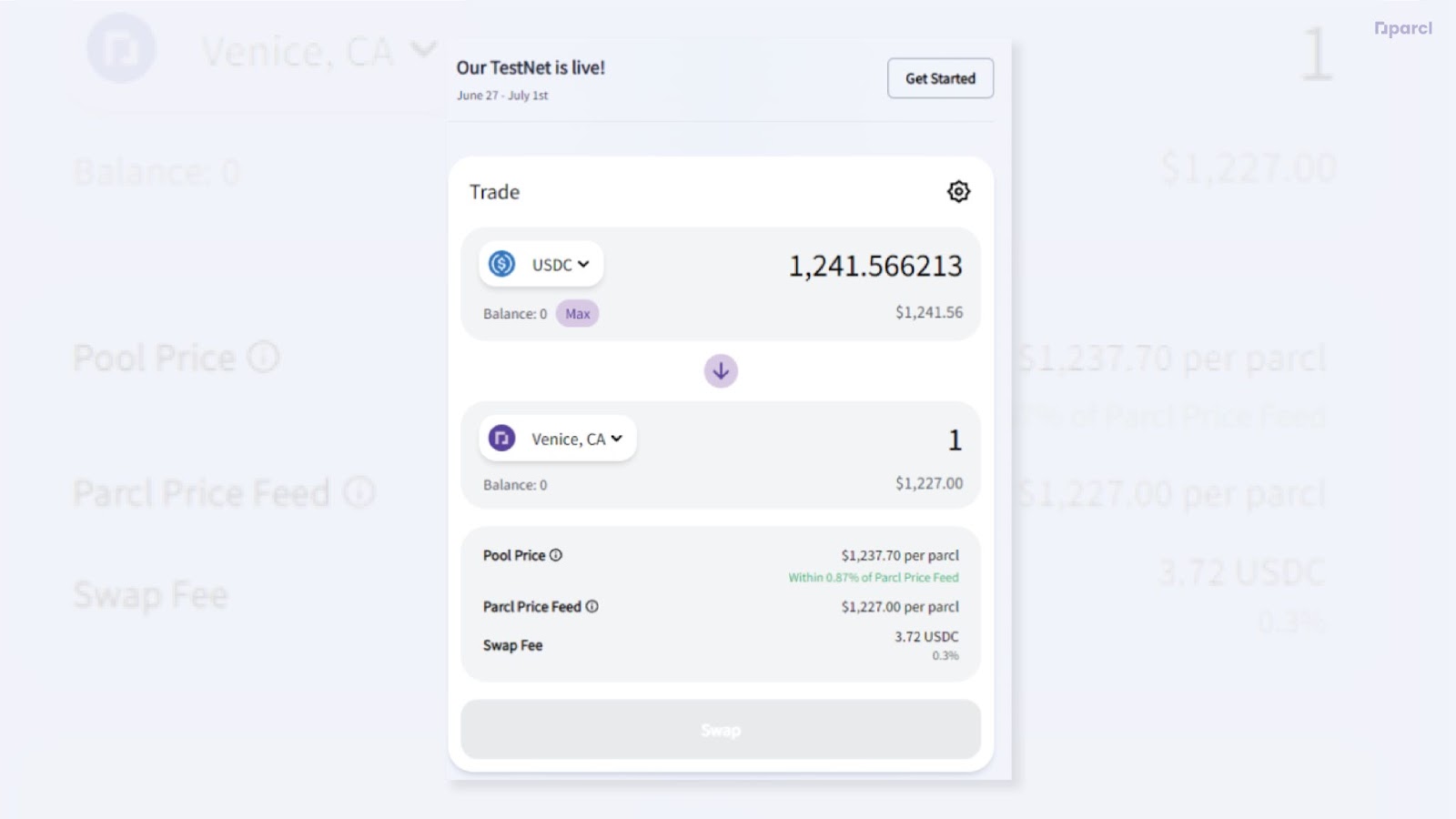 Testnet trade page showing a trade of 1,241.56 USDC for a square foot of the Venice, CA Parcl..