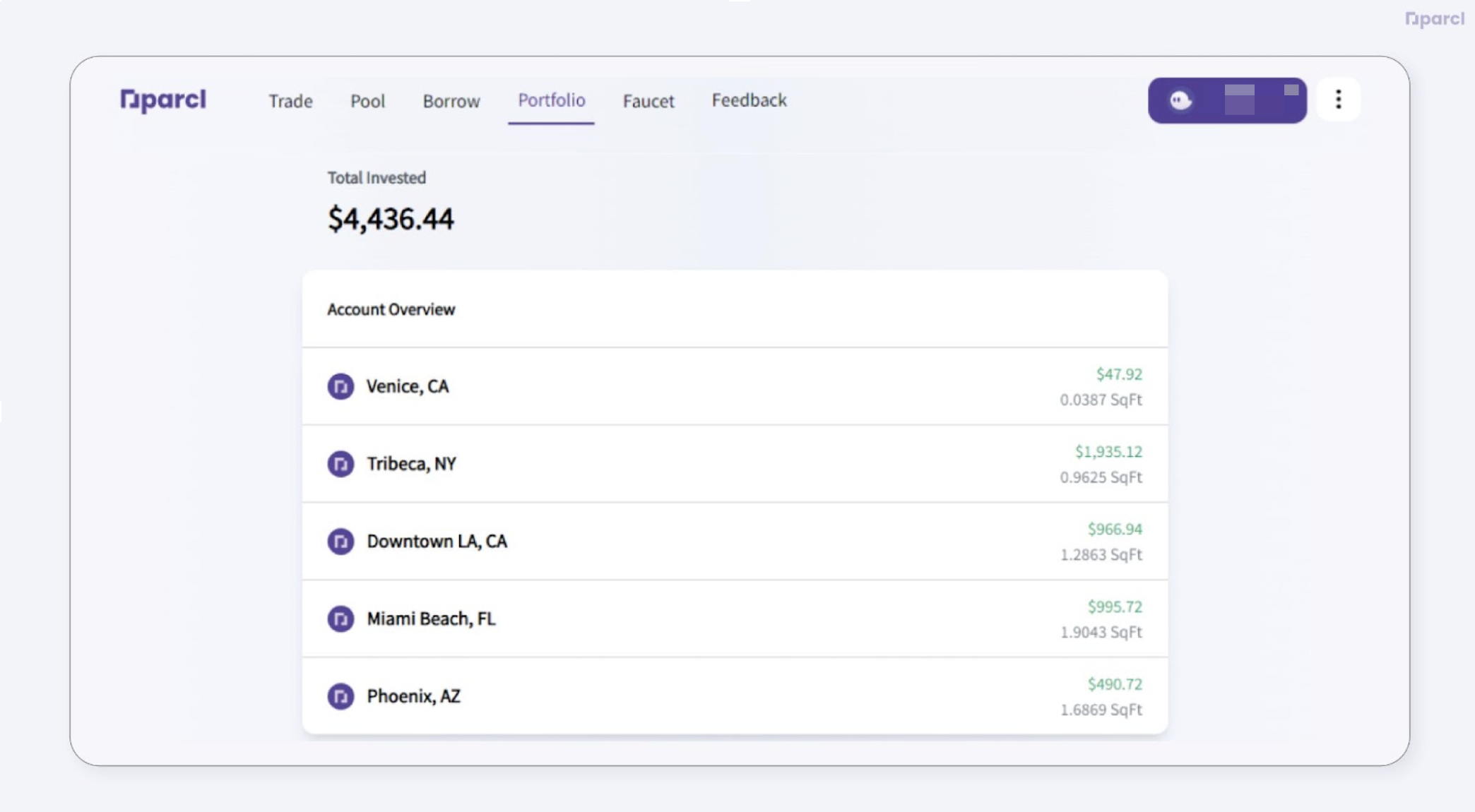 Parcl Trade page showing Venice, CA, Tribeca, NY, Downtown LA, Miami Beach FL, and Phoenix, AZ.