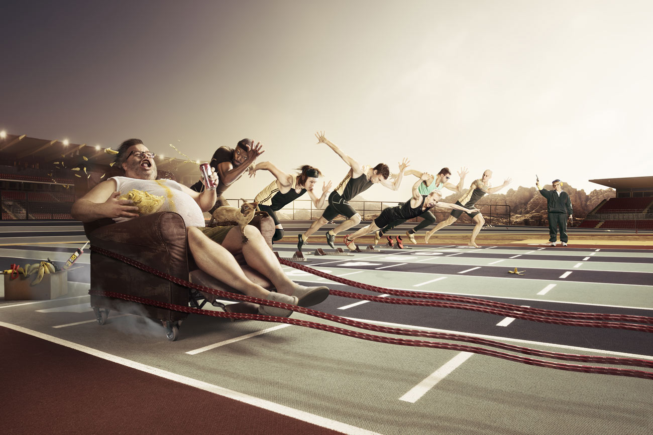 An overweight, lazy man outcompeting athletes in a sprint competition.