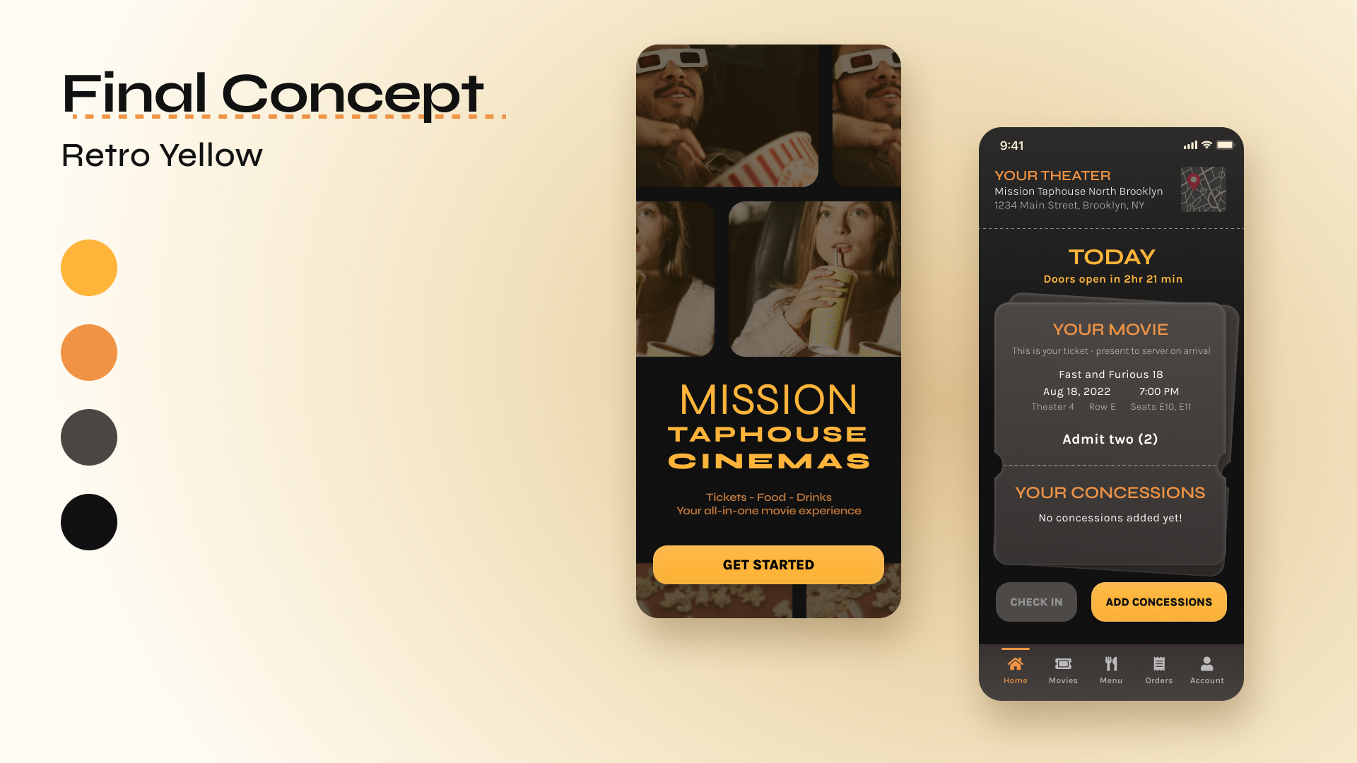 Final Concept slide for visual design showing color scheme and two app screens